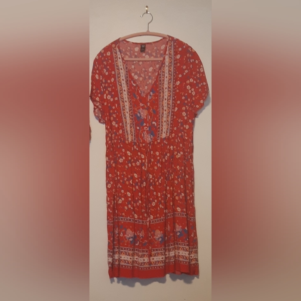 NEW Shein Curve Dress 3XL Red Floral Flutter Sleeve V Neck Casual Knee Length